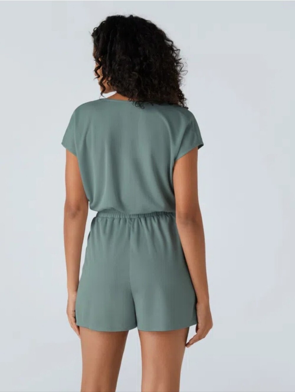 Halara Women's Green V Neck Short Sleeve Pocket Waffle Casual Romper. Sz L - Picture 2 of 12